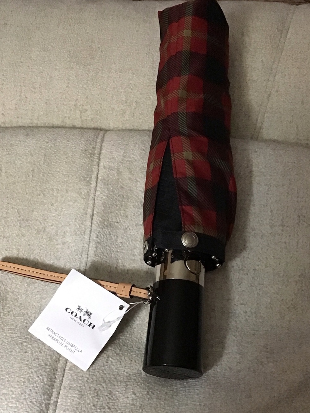 Coach Red and Black Plaid Compact Umbrella